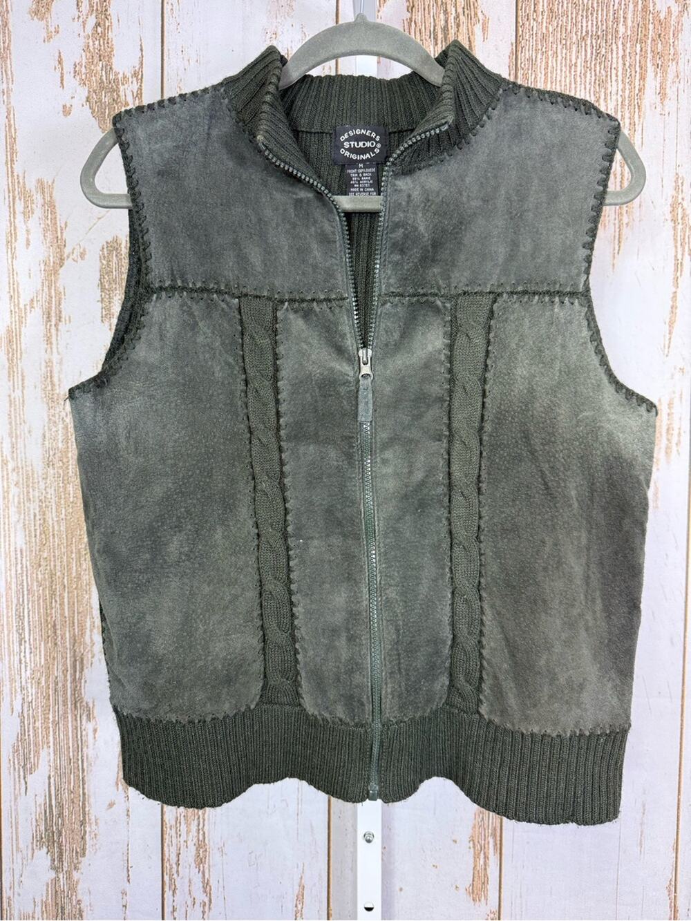 Designers Studio Originals, Suede & Knit Zip Vest - Green. Size Small.